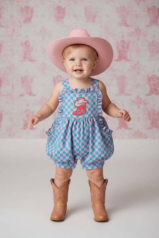 Pink & Blue checkered baby romper with pockets