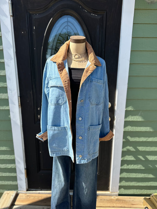 WASHED DENIM WORKED BARN JACKET WITH CONTRAST