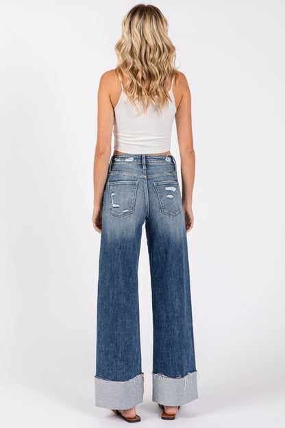 HIGH RISE STRETCH WIDE LEG W/ CUFFED HEM JEANS