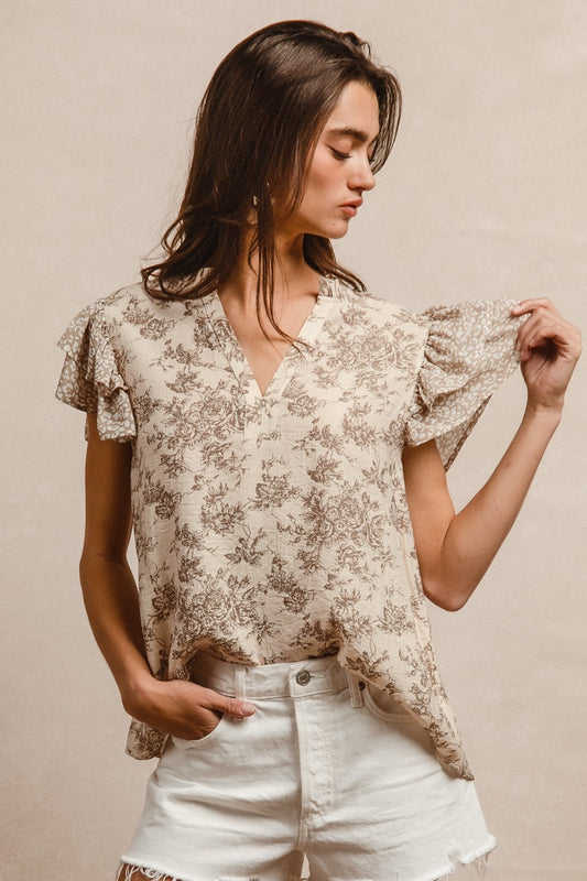 Printed Woven Mix And Match Ruffled Sleeves V Neck