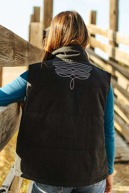 Puffer vest with Aztec lining and boot stitch detail