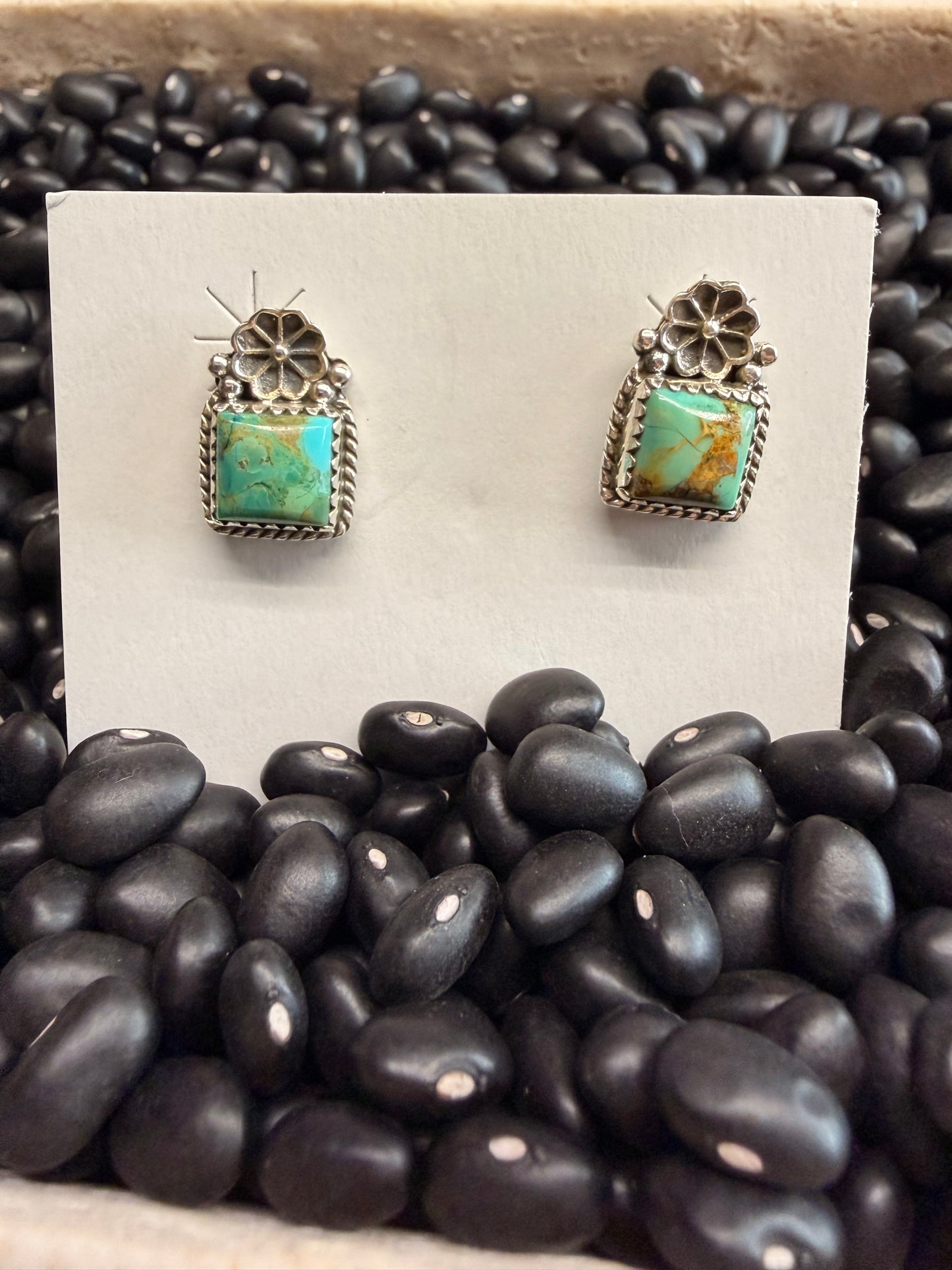 Small Square with Flower Kingman Stud Earrings