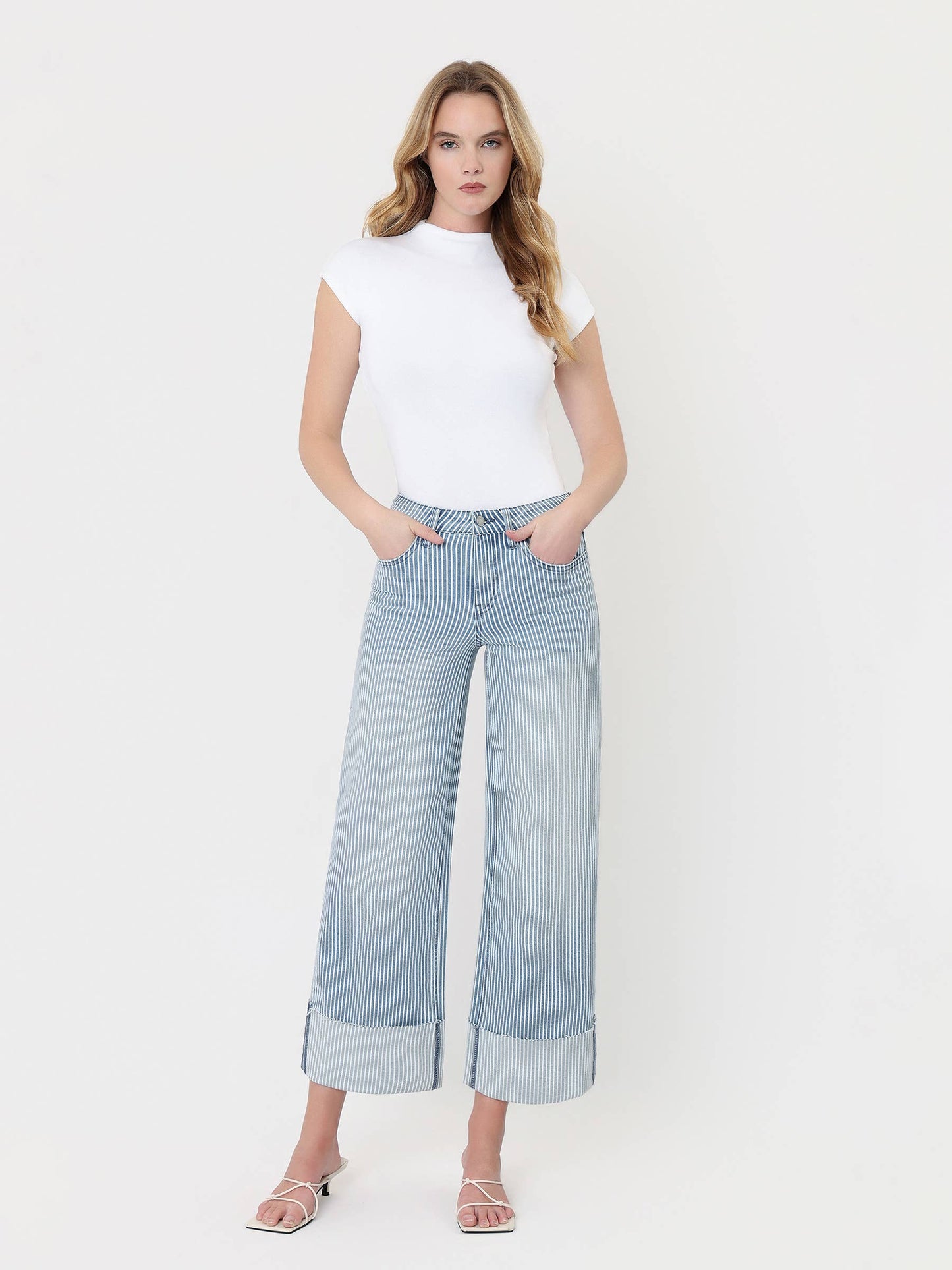 VERVET HIGH RISE CUFFED STRIPED CROP WIDE JEANS