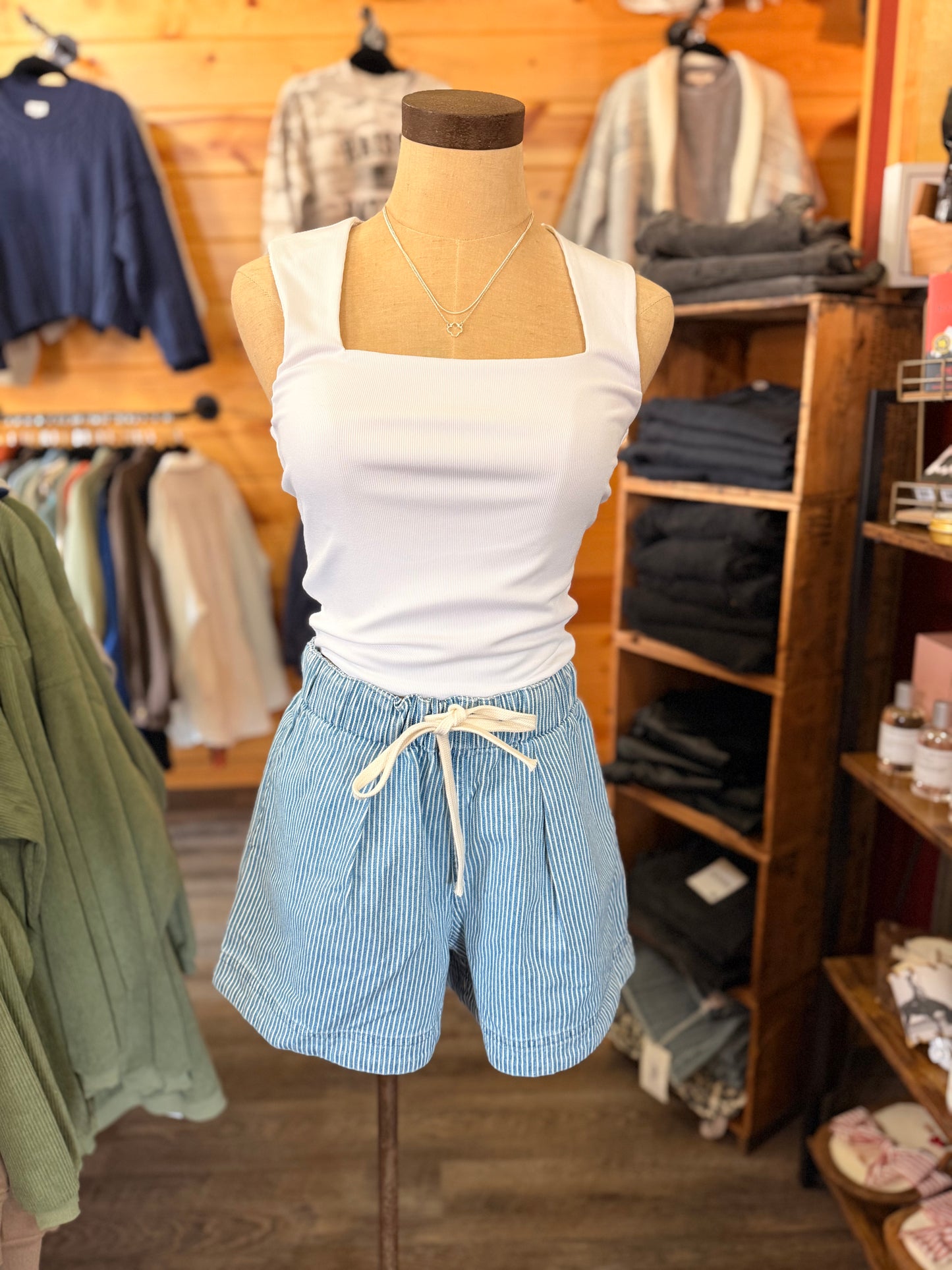 Drawstring Striped Denim Shorts