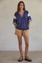 Navy Relaxed Fit Stripe Sleeve Shirt