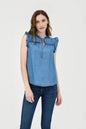 CHAMBRAY RUFFLE TIE FRONT SLEEVELESS BLOUSE