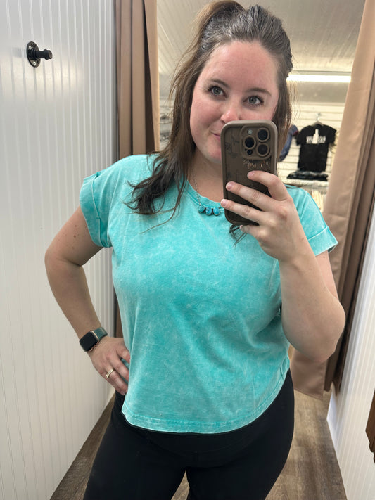 Washed Cotton Cuffed Short Sleeve Top (2 Colors)
