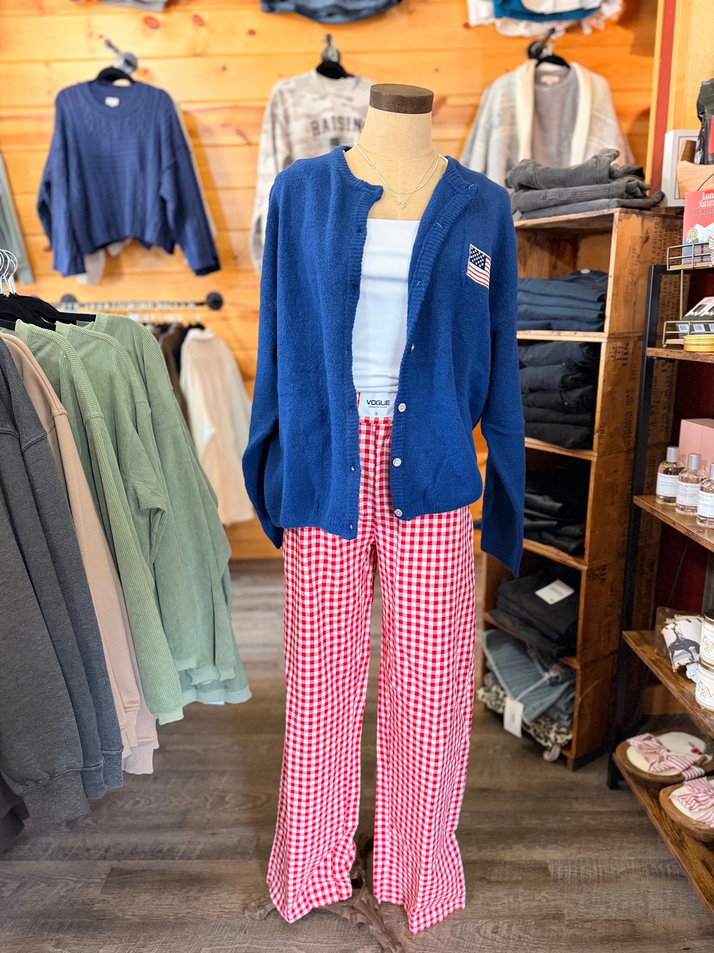 Striped Gingham Wide Leg Pants Red