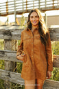Camel Button Down Pearl Snap Long Sleeve Dress