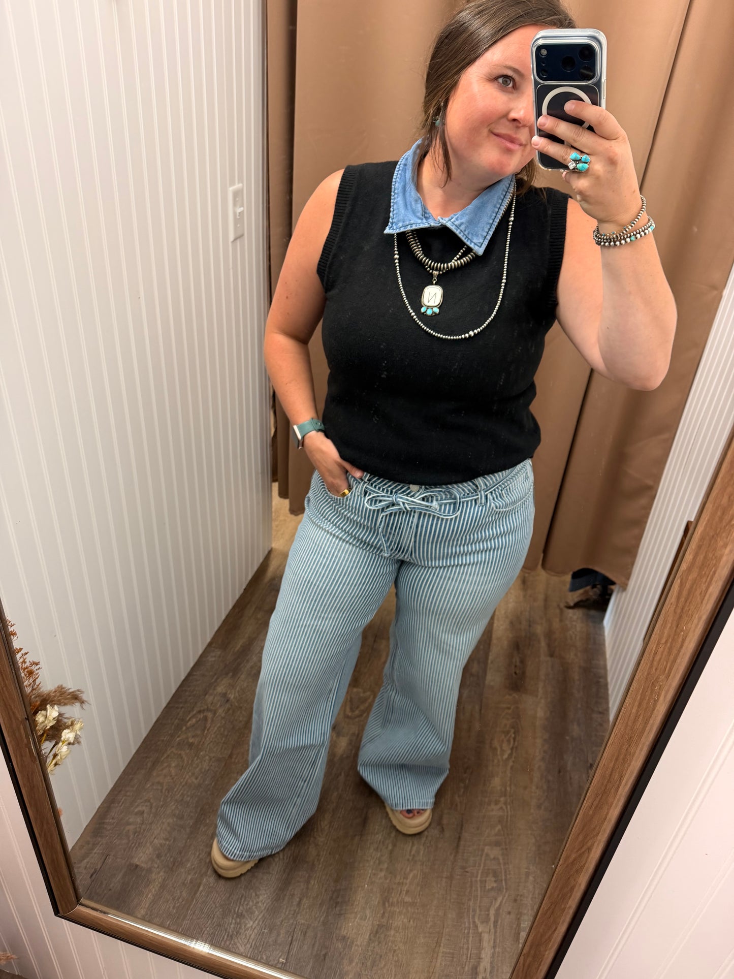 HIGH RISE WAIST TIE STRIPED WIDE LEG JEANS V3838STR