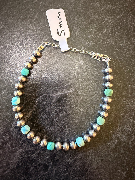 5mm Sterling Silver Pearl & Faceted Turquoise Bracelet
