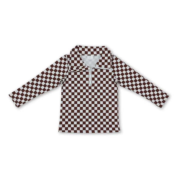 Long Sleeve Brown Plaid Kids Pullover