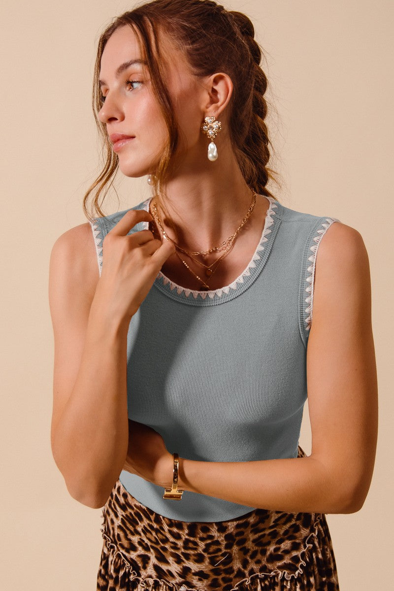 Rib Sleeveless Tank With Embroidery Detail