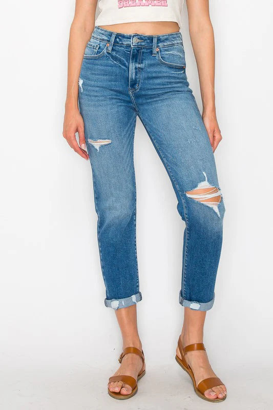 Plus Size-High Rise Tapered Leg Jean-Medium Stone Wash