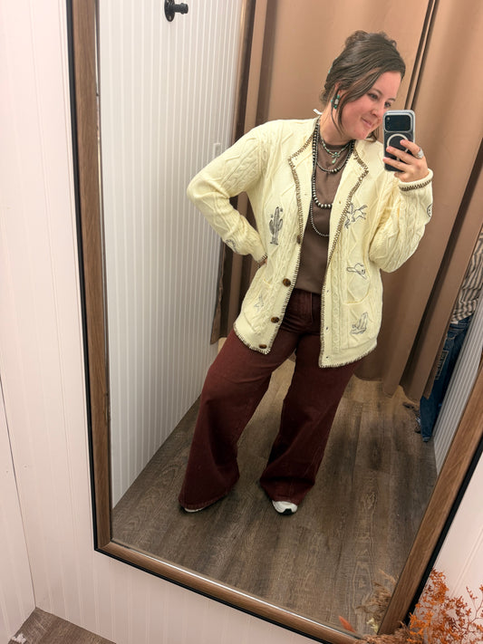 Western Ranch Embroidered Cable Knit Cardigan