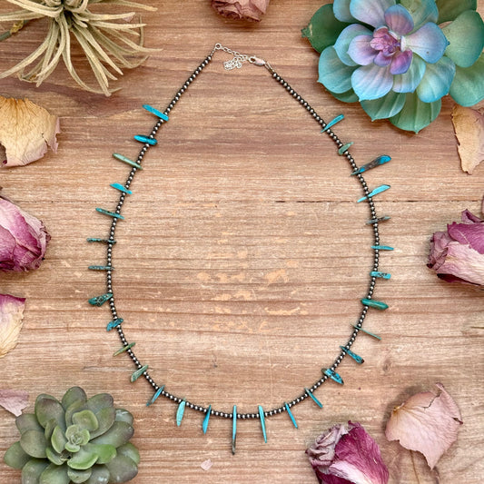 Sterling Silver Pearl & Long Blue Turquoise Necklace – 21”