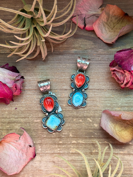 Red Spiny Oyster & Golden Hills Turquoise Sterling Silver Pendant – Stamped Gilbert Nez