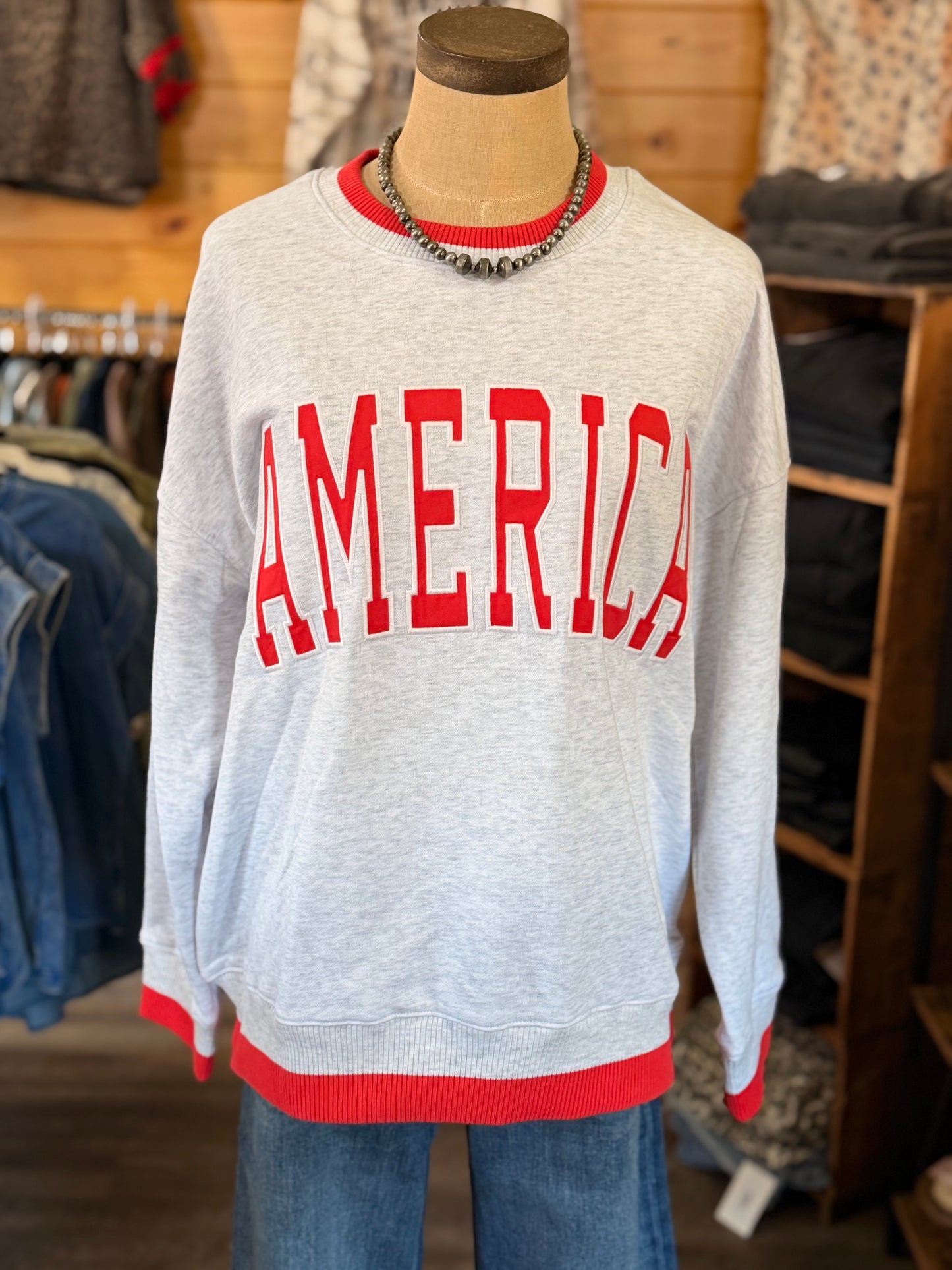 "AMERICA" LONG SLEEVE CREW NECK OVERSIZED SWEATSHIRT