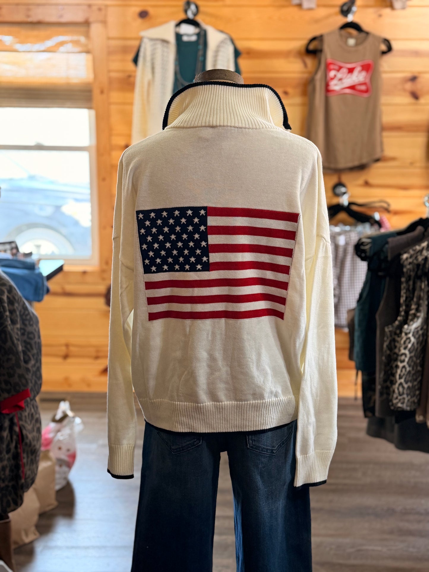 LONG SLEEVE COLLARED "USA" FLAG HALF ZIP SWEATER