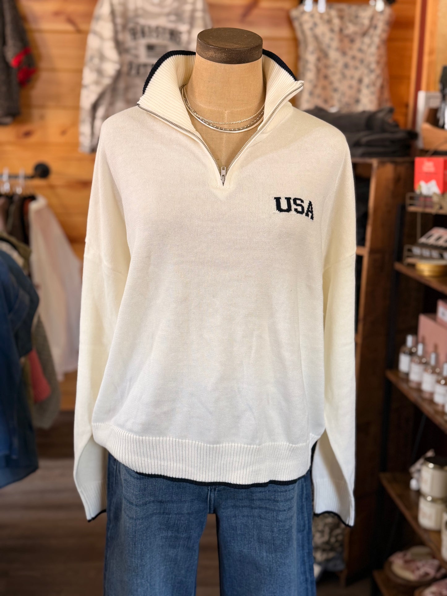 LONG SLEEVE COLLARED "USA" FLAG HALF ZIP SWEATER