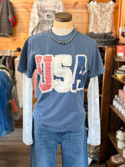 USA Lace Graphic Tee on Denim
