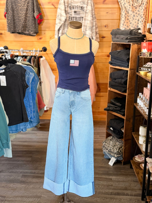 VERVET HIGH RISE CUFFED STRIPED CROP WIDE JEANS
