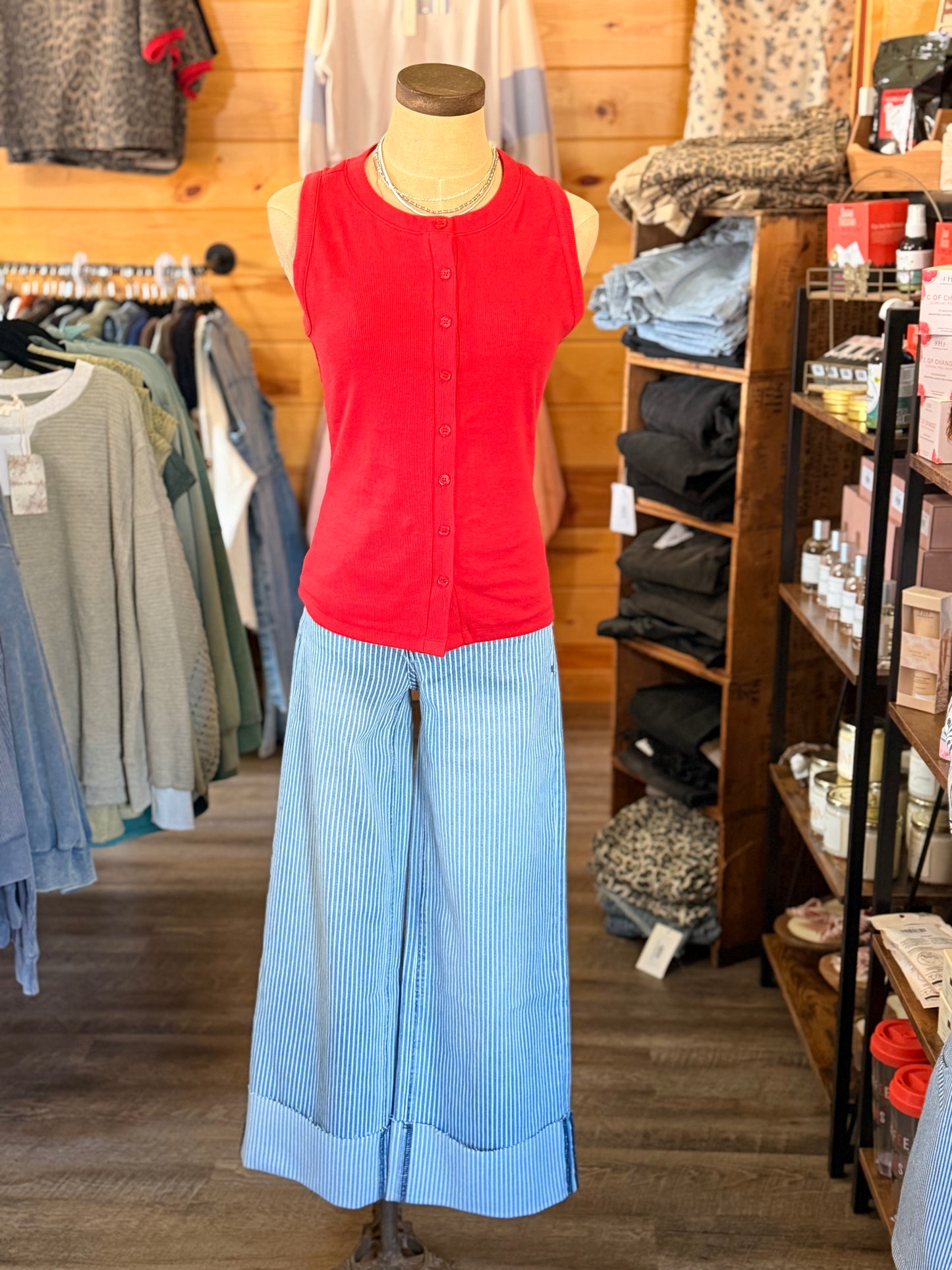 Ruby Ribbed Button Tank