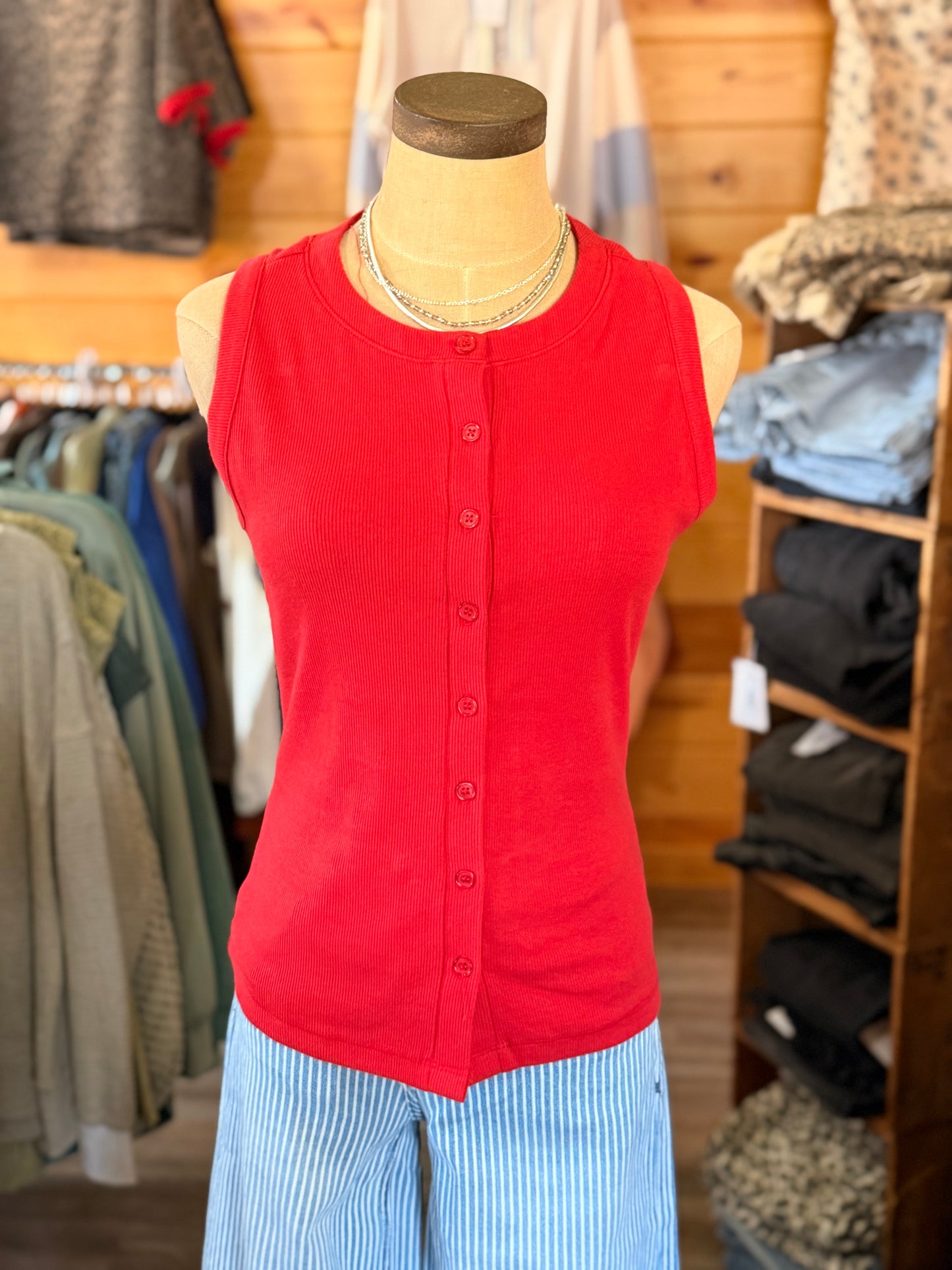 Ruby Ribbed Button Tank