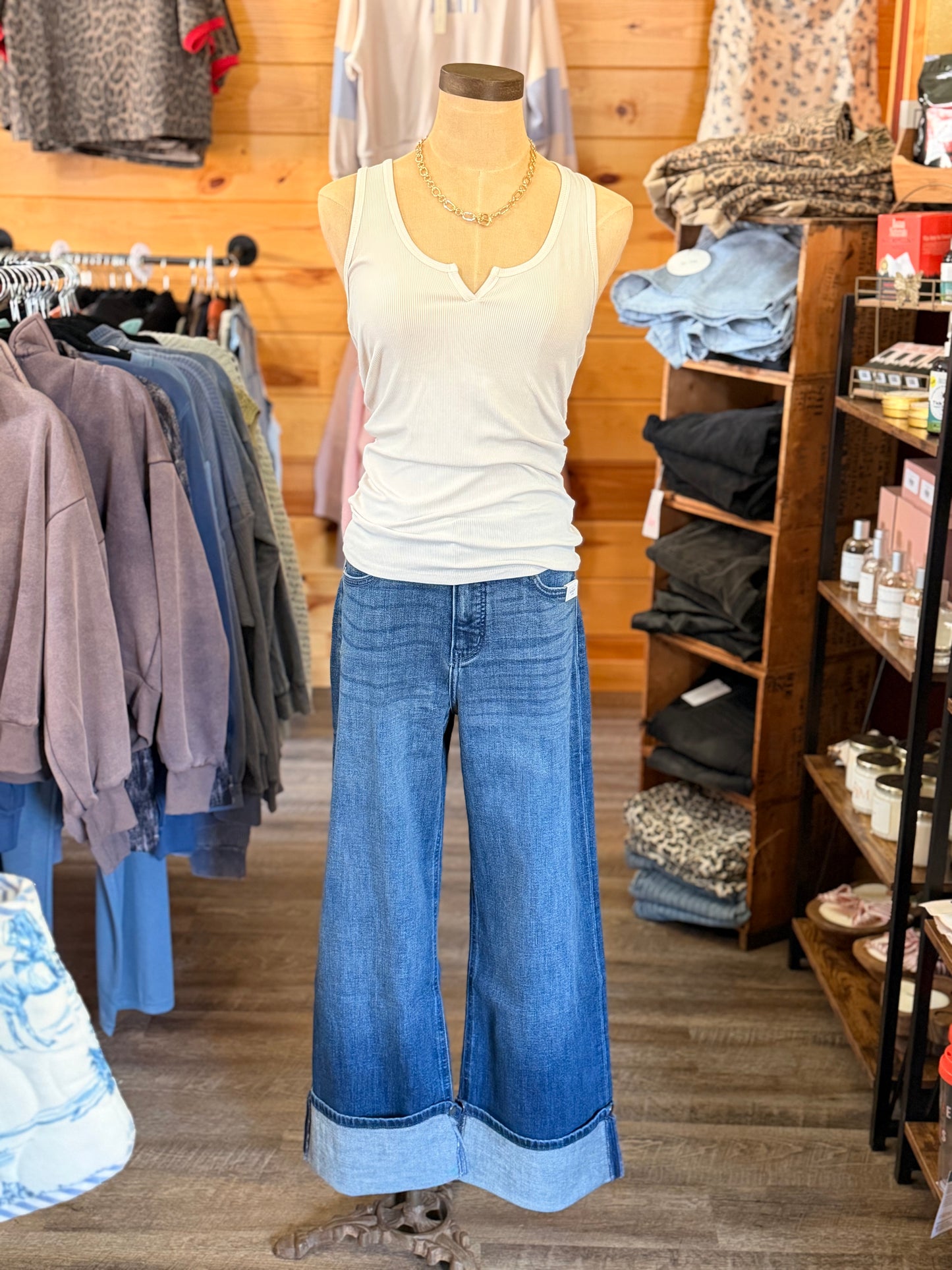 Notched Neck Basic Ribbed Tank Top