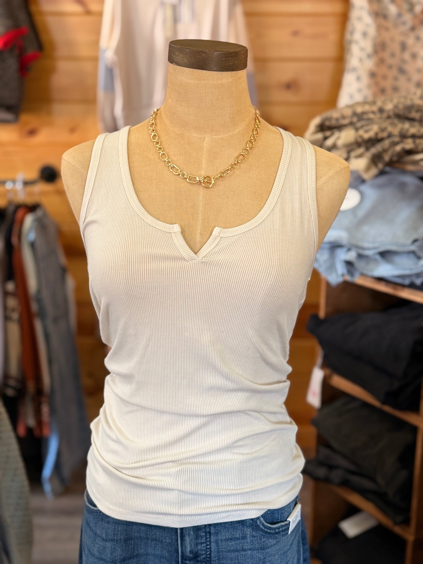 Notched Neck Basic Ribbed Tank Top