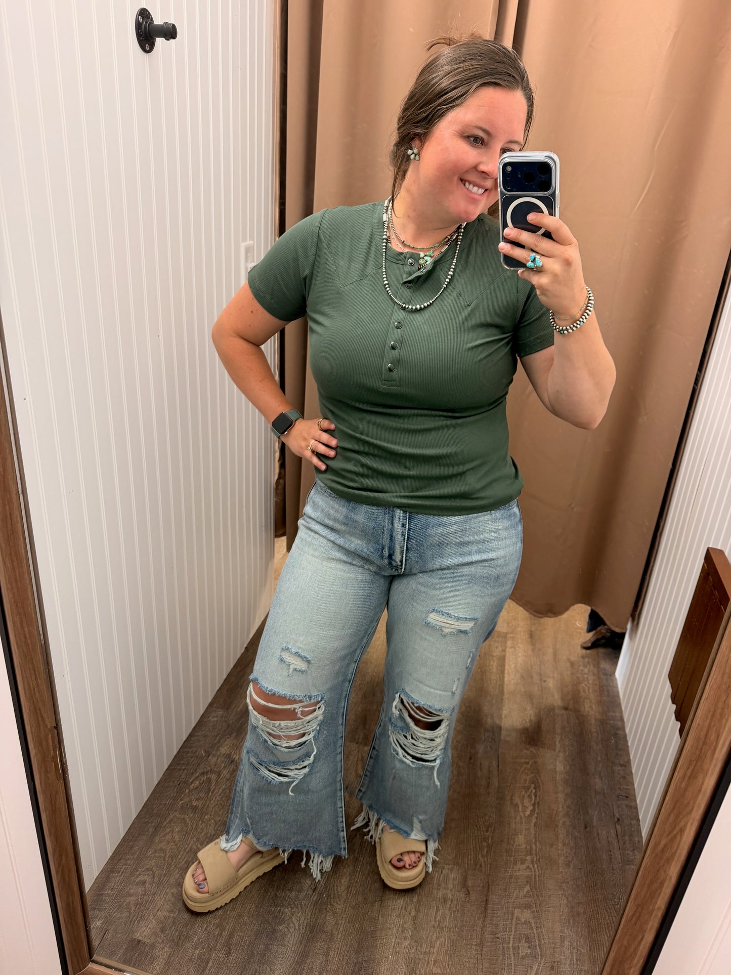 Olive Ribbed Western Henley