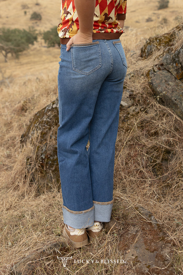 L&B Mid Wash High Rise Stretch Denim Western Stitch Wide Leg Jeans