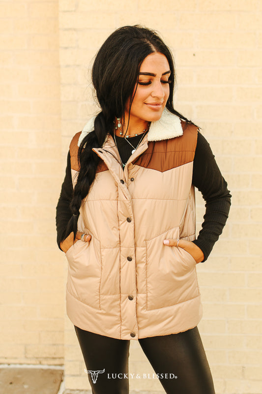 Cream Puffer Vest W Camel Yoke Sherpa Neckline