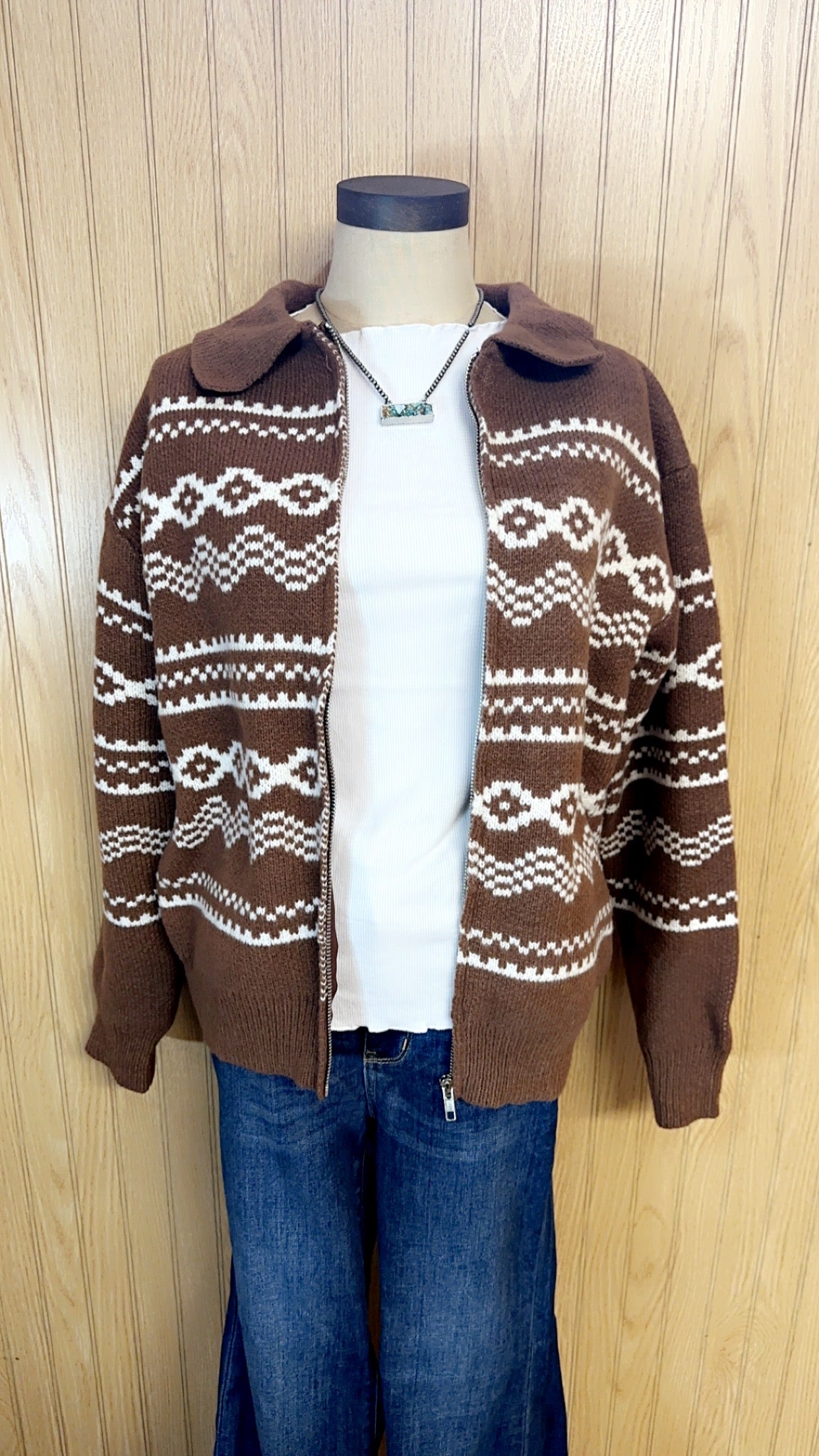 Geometric Print Zip-Up Casual knit