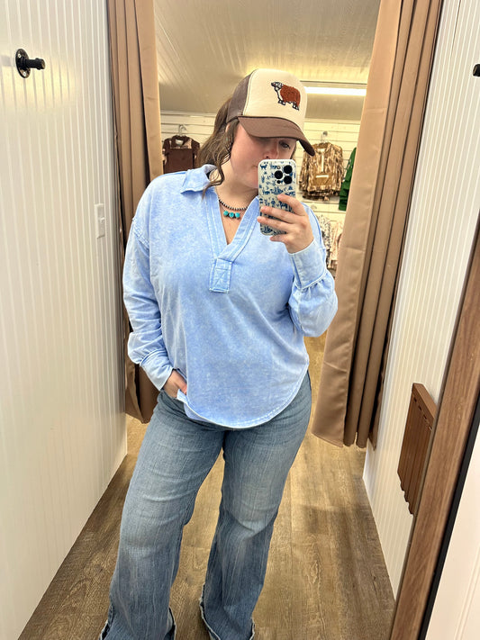 WASHED COLLARED LONG SLEEVE KNIT TOP (2 Colors)