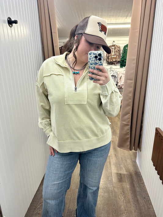 WASHED HALF ZIP RIBBED DETAIL LONG SLEEVE KNIT TOP