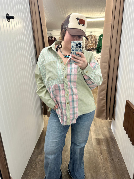 PATCHWORK BUTTON DOWN LOOSE FIT WITH POCKETS