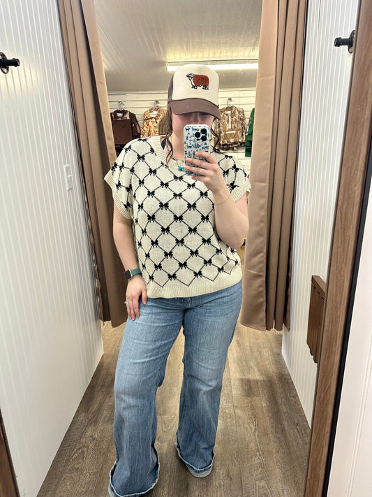 BOW RIBBON PATTERN DOLMAN LIGHT WEIGHT SWEATER TOP