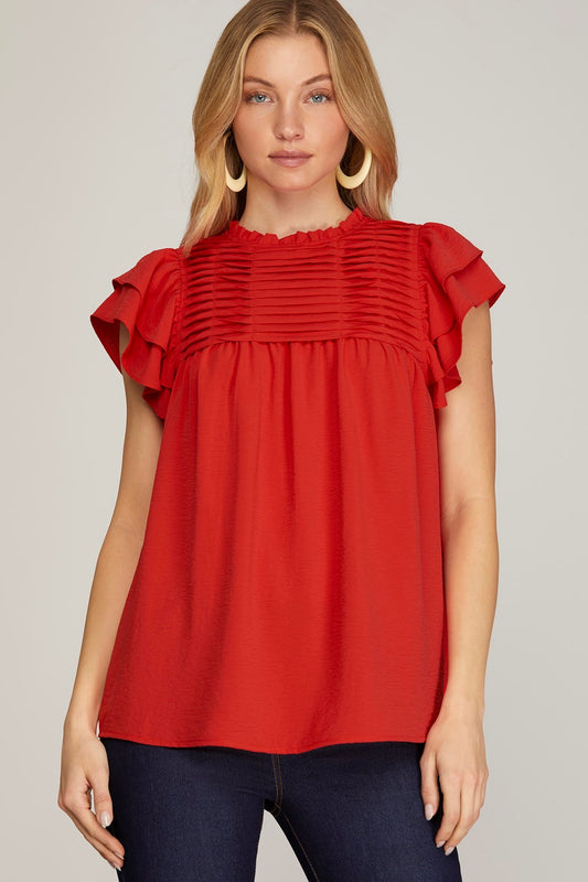 Ruffle Sleeve Pleated Blouse