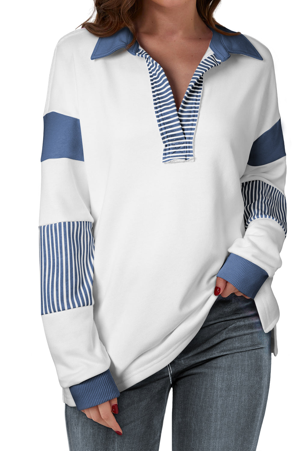 Striped Colorblock Patchwork Collar Sweatshirt