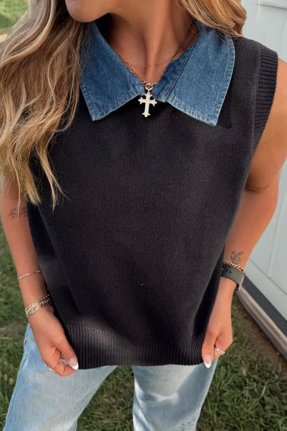 Denim Detail Sweater Vest