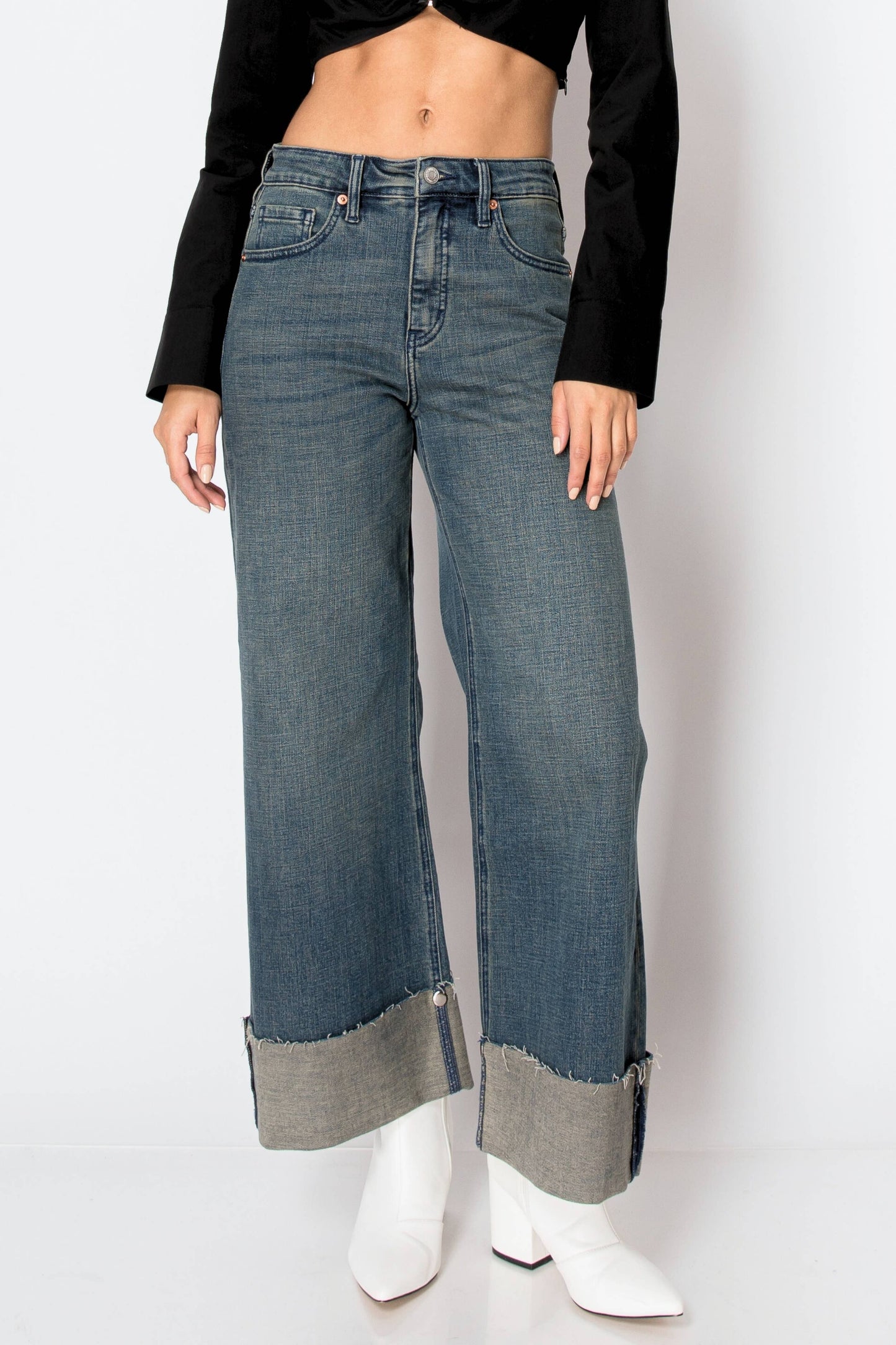 TUMMY CONTROL HIGH RISE CUFFED  WIDE LEG JEANS