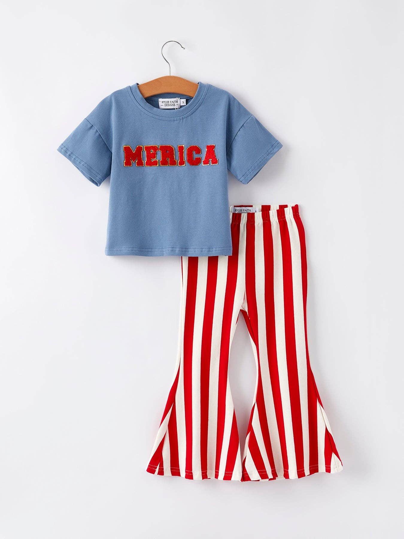 “MERICA”Top Girls Striped Bell Bottoms Set