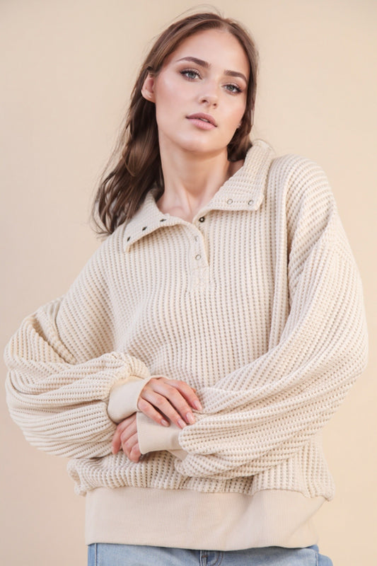 Oversized Half Button Down Casual Waffle Knit Top