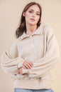 Oversized Half Button Down Casual Waffle Knit Top
