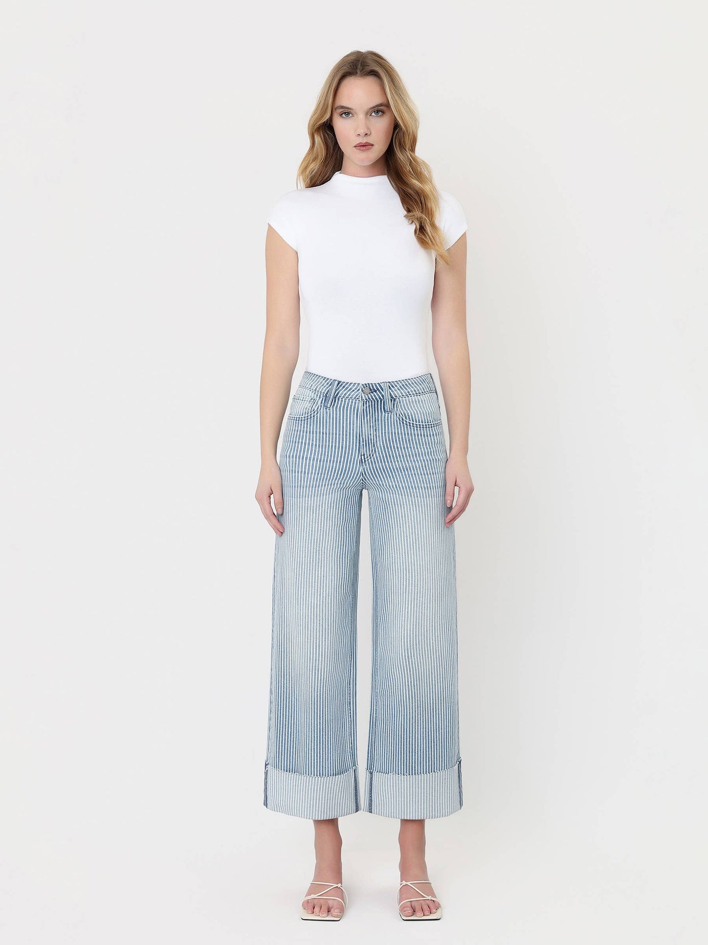 VERVET HIGH RISE CUFFED STRIPED CROP WIDE JEANS