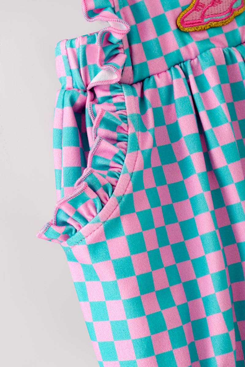 Pink & Blue checkered baby romper with pockets