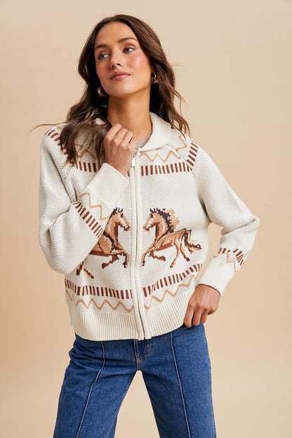 Knitted Western Horse Cotton Cardigan