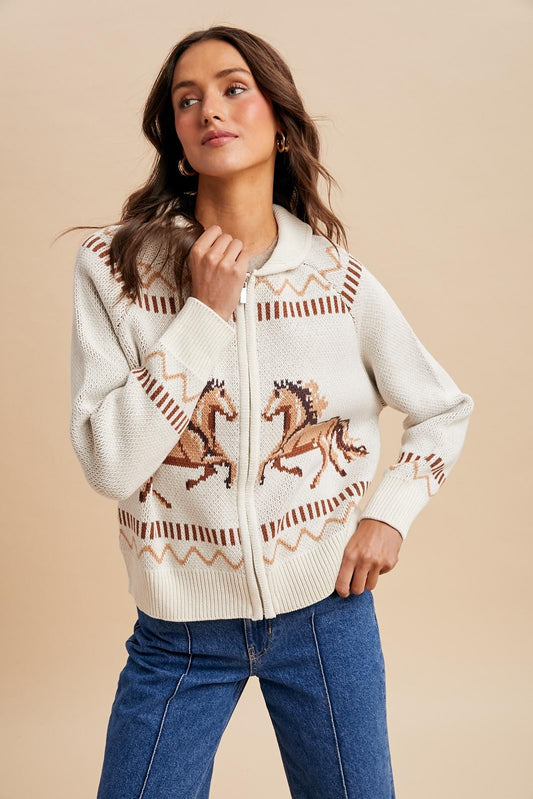 Knitted Western Horse Cotton Cardigan