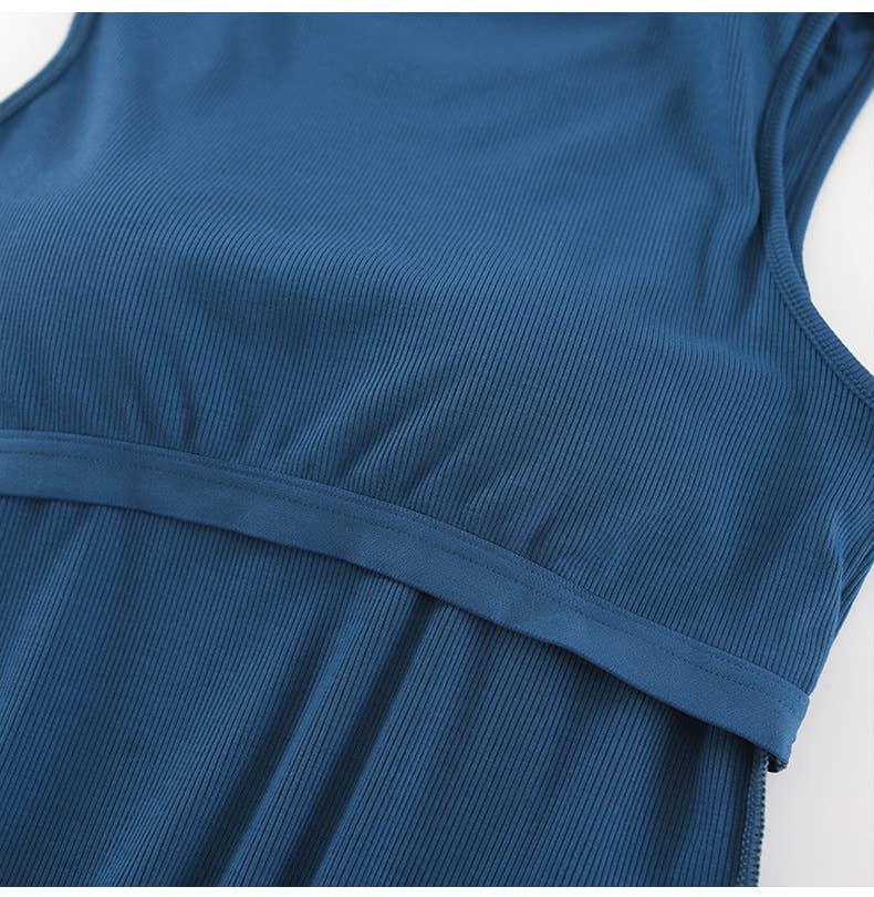 Rib knit built-in bra tank top with shoulder cutout